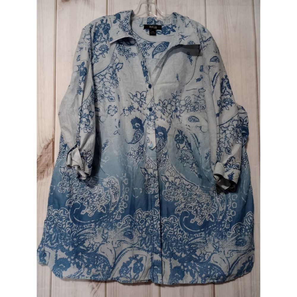 Style Co Woman 24W Blue Floral Paisley Ombre Button Front Tunic Shirt